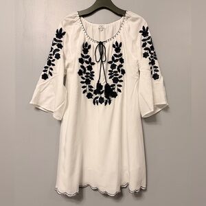 #1) Chic White Dress with Black Floral Embroidery & lining